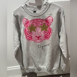 Gildan Gray Sweatshirt with Pink Tiger and Gold Stars